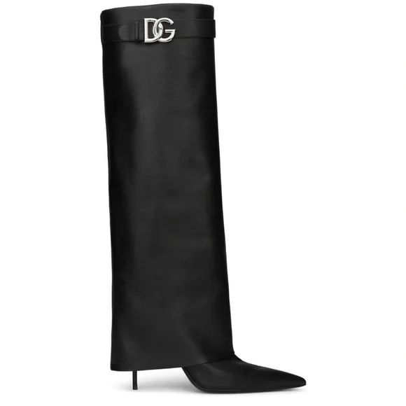 Dolce & Gabbana  DG Plaque Pointed-Toe Knee Boots Black Heels Size 39 (8) - Picture 5 of 9